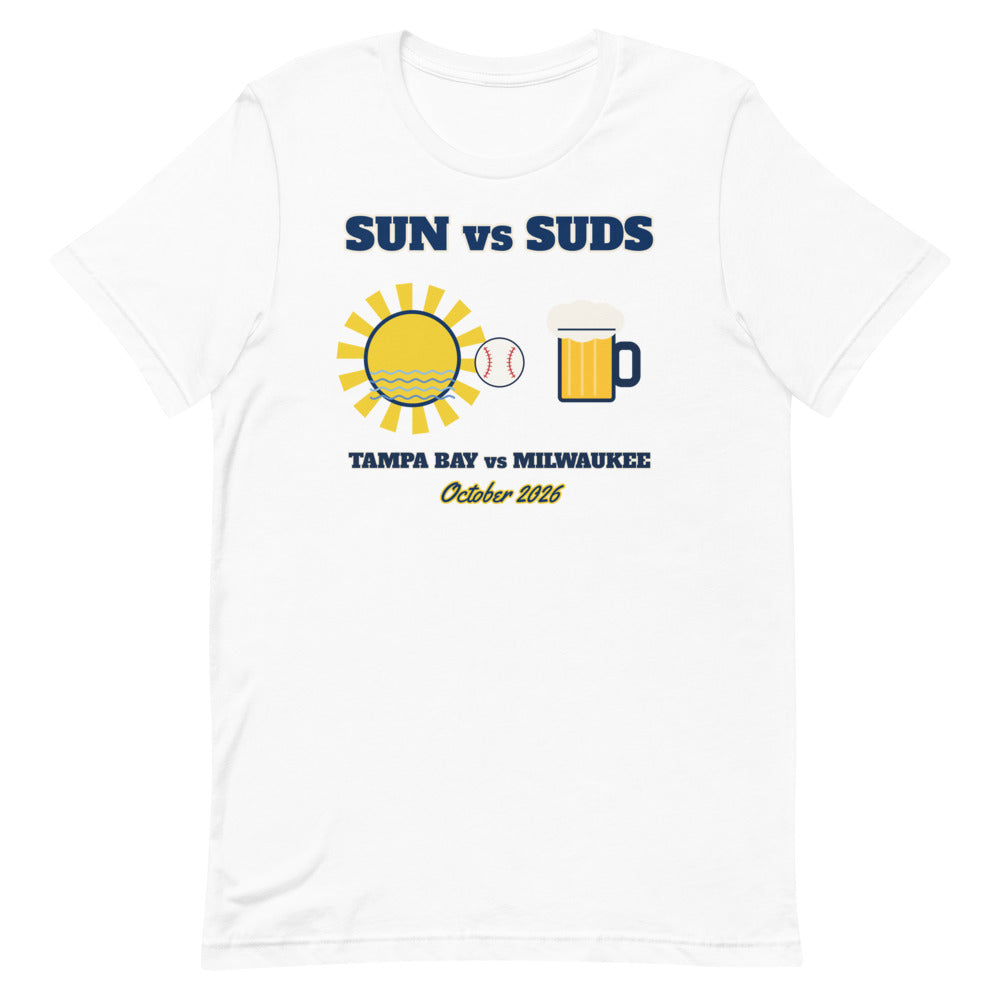 Sun vs Suds Tampa Bay vs Milwaukee Unisex Tee in white, design printed on the front, front view