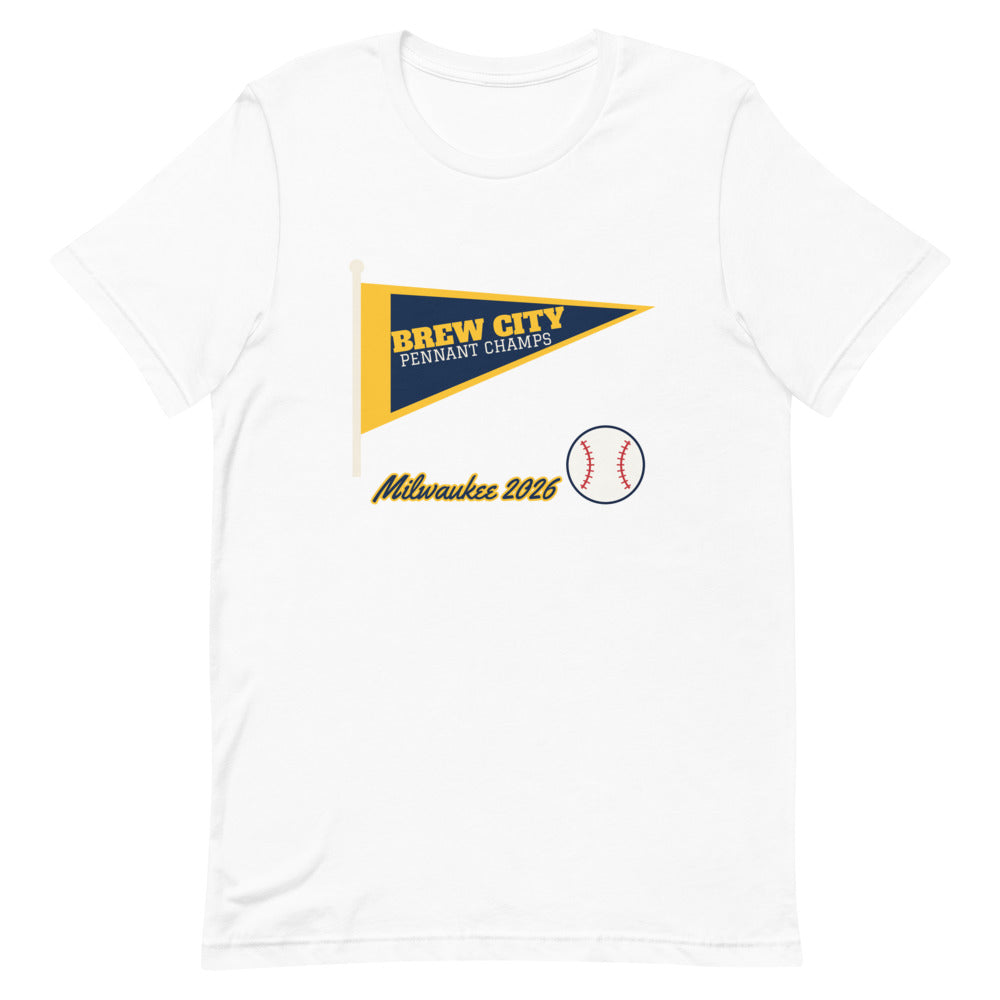 Brew City Pennant 2026 Unisex Tee in white, design printed on the front, front view