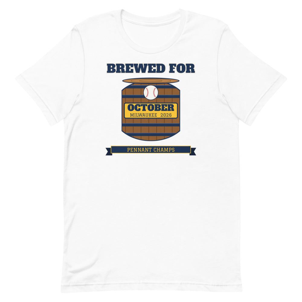 Brewed for October Milwaukee 2026 Unisex Tee in white, design printed on the front, front view