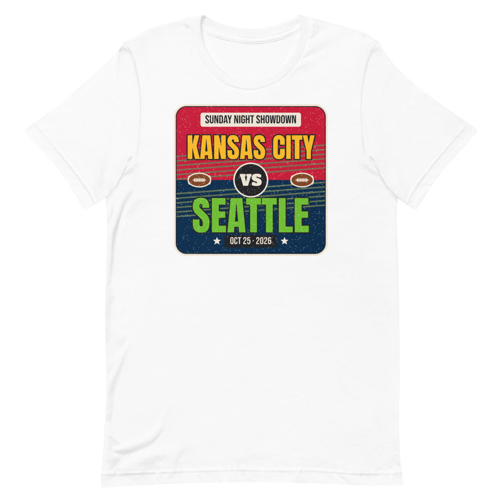 Kansas City vs. Seattle Showdown 2026 Unisex Tee in white, design printed on the front, front view