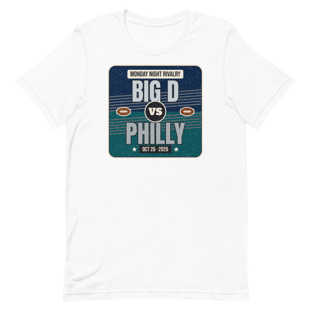 Big D vs. Philly Rivalry 2026 Unisex Tee in white, design printed on the front, front view