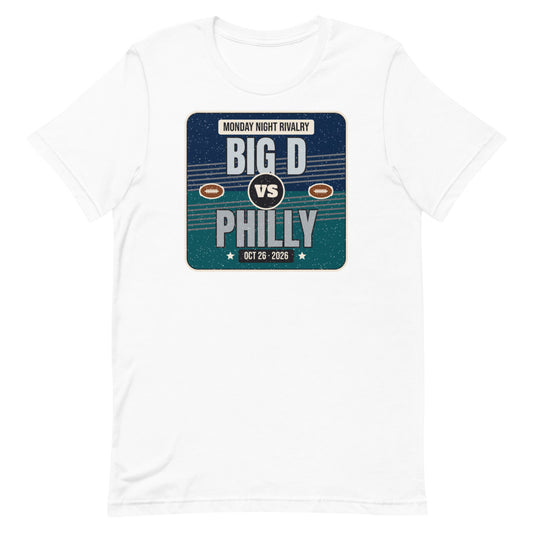 Big D vs. Philly Rivalry 2026 Unisex Tee in white, design printed on the front, front view