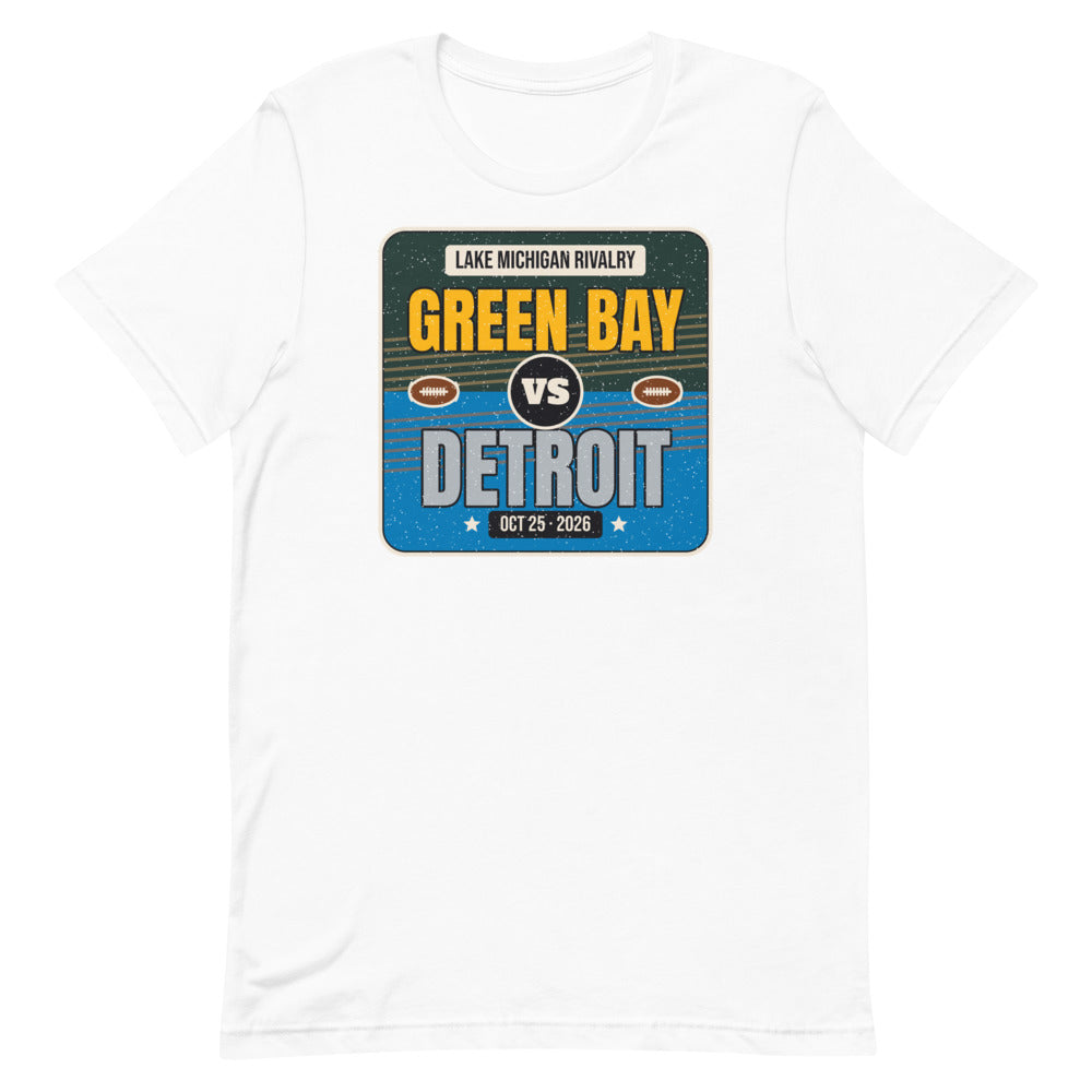 Green Bay vs. Detroit Rivalry 2026 Unisex Tee in white, design printed on the front, front view