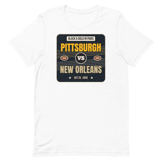 Pittsburgh vs. New Orleans Paris Game 2026 Unisex Tee in white, design printed on the front, front view
