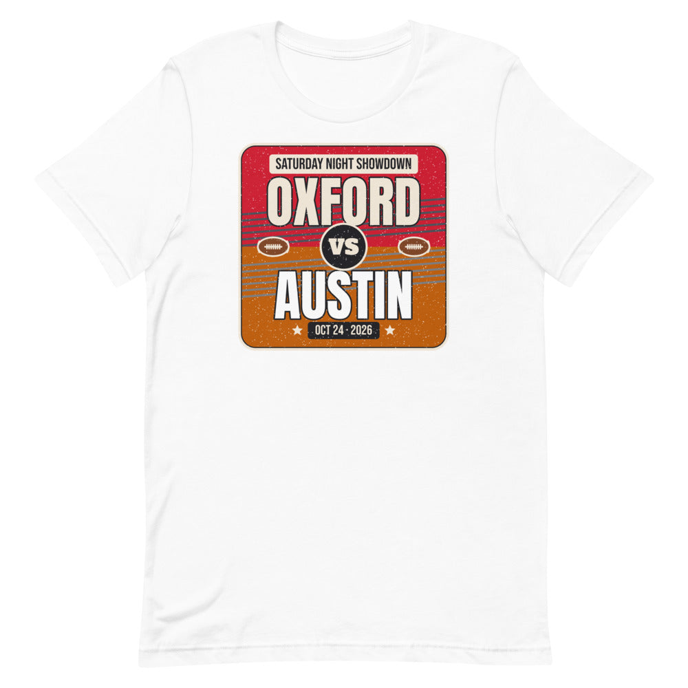 Oxford vs. Austin Showdown 2026 Unisex Tee in white, design printed on the front, front view