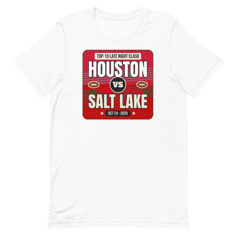 Houston vs. Salt Lake Showdown 2026 Unisex Tee in white, design printed on the front, front view