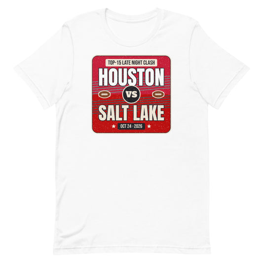 Houston vs. Salt Lake Showdown 2026 Unisex Tee in white, design printed on the front, front view