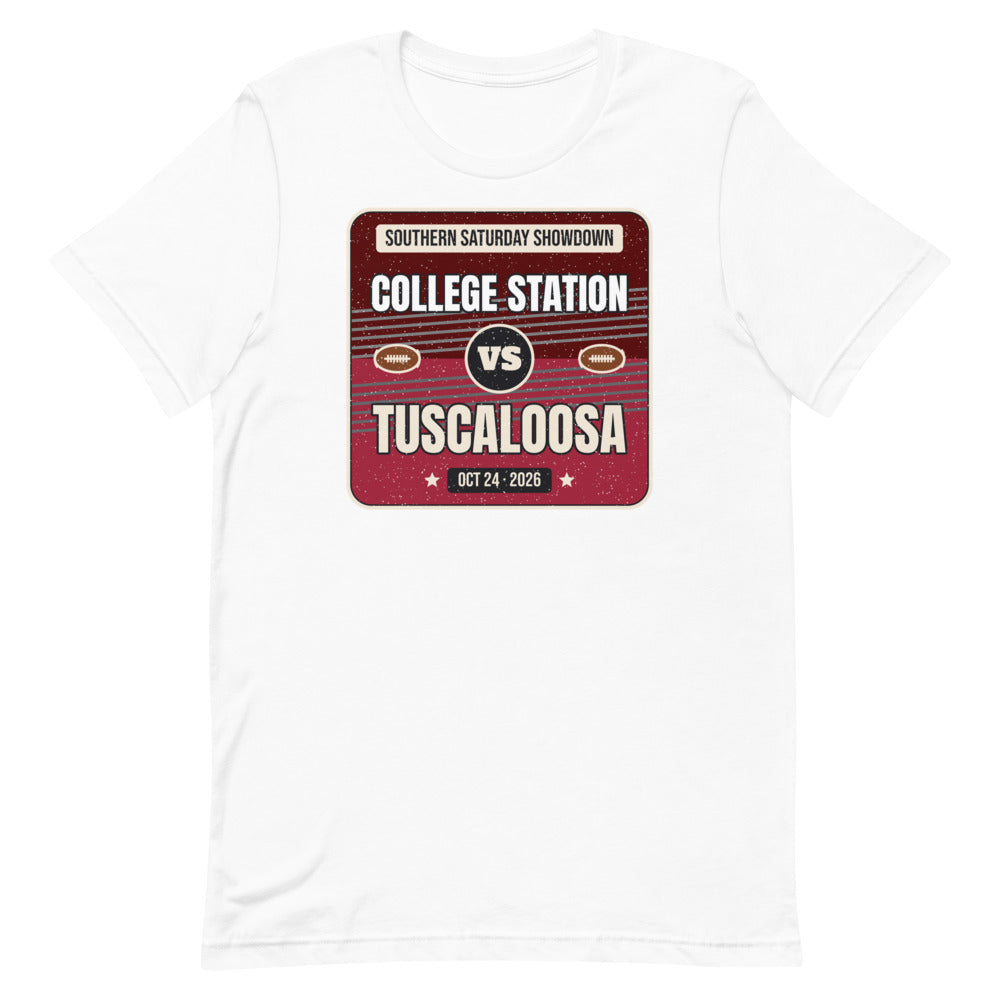 College Station vs. Tuscaloosa Showdown 2026 Unisex Tee in white, design printed on the front, front view