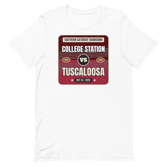 College Station vs. Tuscaloosa Showdown 2026 Unisex Tee in white, design printed on the front, front view