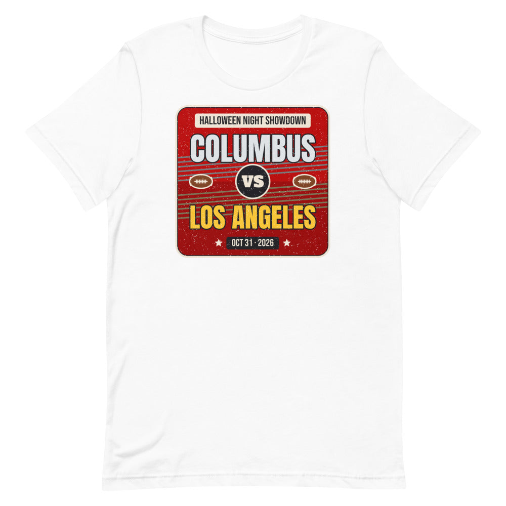 Columbus vs. Los Angeles Halloween Night 2026 Unisex Tee in white, design printed on the front, front view