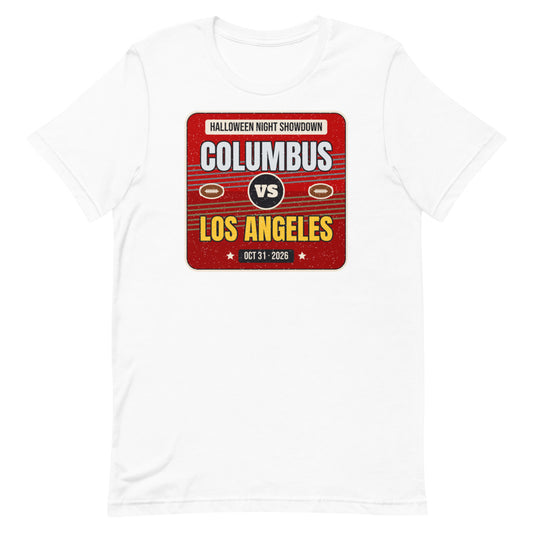 Columbus vs. Los Angeles Halloween Night 2026 Unisex Tee in white, design printed on the front, front view