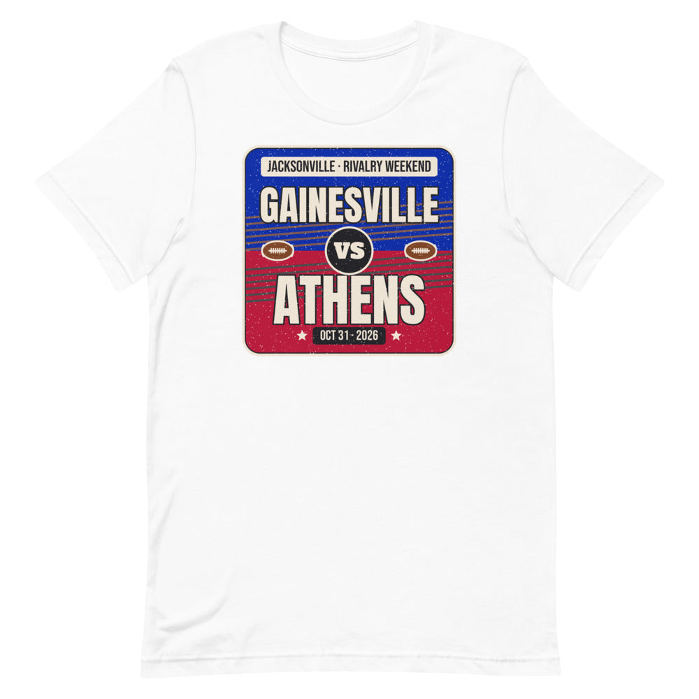 Gainesville vs. Athens Jacksonville Rivalry 2026 Unisex Tee in white, design printed on the front, front view