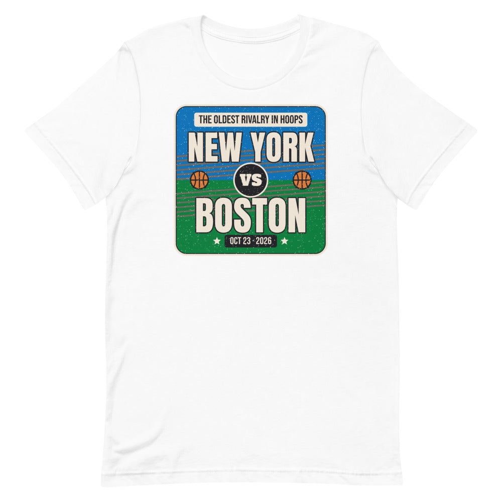 New York vs. Boston Rivalry 2026 Unisex Tee in white, design printed on the front, front view