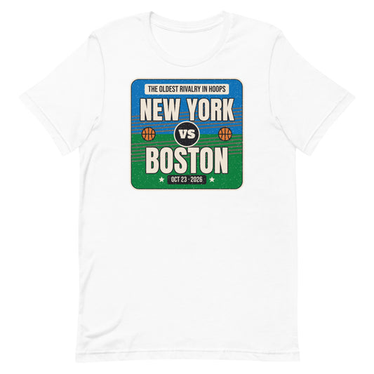 New York vs. Boston Rivalry 2026 Unisex Tee in white, design printed on the front, front view