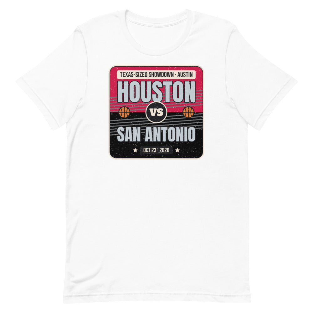 Houston vs. San Antonio Showdown 2026 Unisex Tee in white, design printed on the front, front view