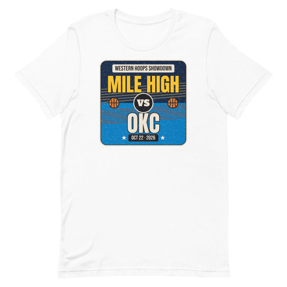 Mile High vs. OKC Showdown 2026 Unisex Tee in white, design printed on the front, front view