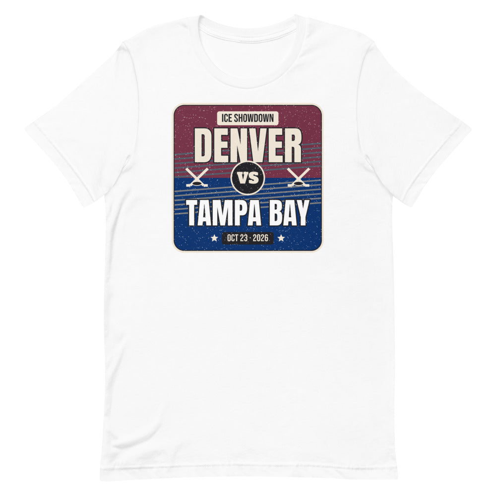 Denver vs. Tampa Bay Showdown 2026 Unisex Tee in white, design printed on the front, front view