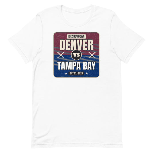 Denver vs. Tampa Bay Showdown 2026 Unisex Tee in white, design printed on the front, front view