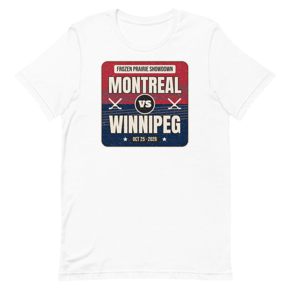 Montreal vs. Winnipeg Outdoor Hockey 2026 Unisex Tee in white, design printed on the front, front view