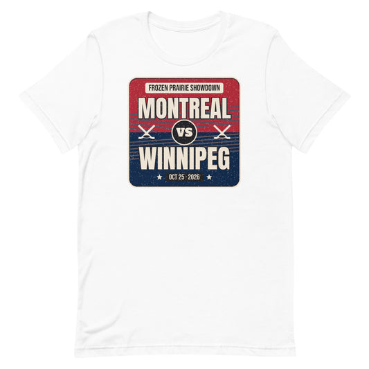 Montreal vs. Winnipeg Outdoor Hockey 2026 Unisex Tee in white, design printed on the front, front view