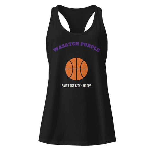 Women's Wasatch Purple Hoops Racerback Tank in Black, front view