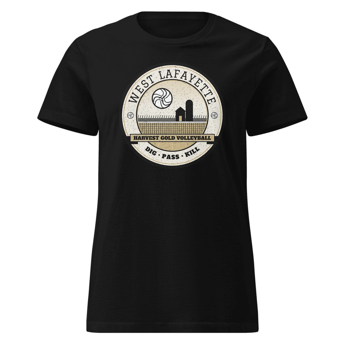 West Lafayette Harvest Gold Volleyball Women's Fitted Tee in Black, front view