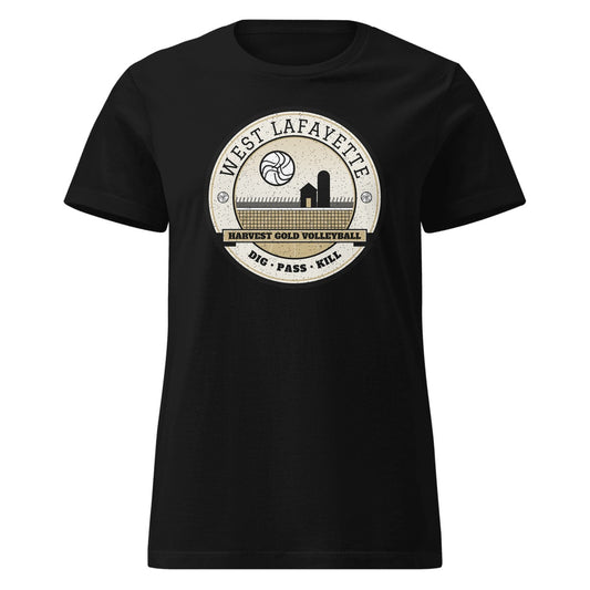 West Lafayette Harvest Gold Volleyball Women's Fitted Tee in Black, front view