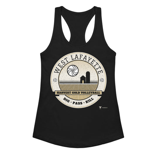 West Lafayette Harvest Gold Volleyball Women's Racerback Tank in Black, front view