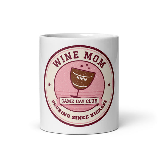 Wine Mom Game Day Club Mug, white ceramic, front view