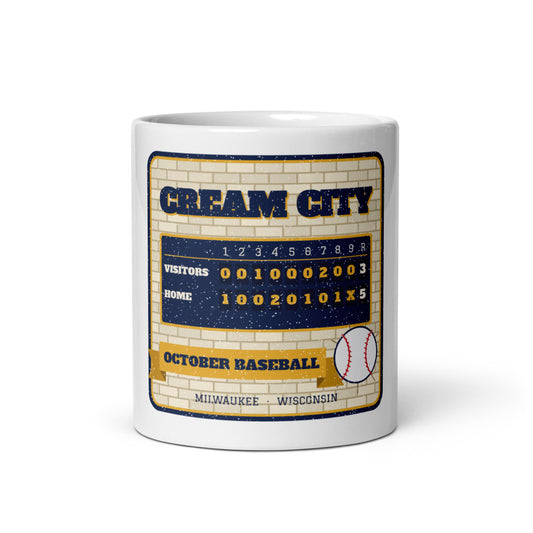 Cream City October Baseball Mug, white ceramic, front view