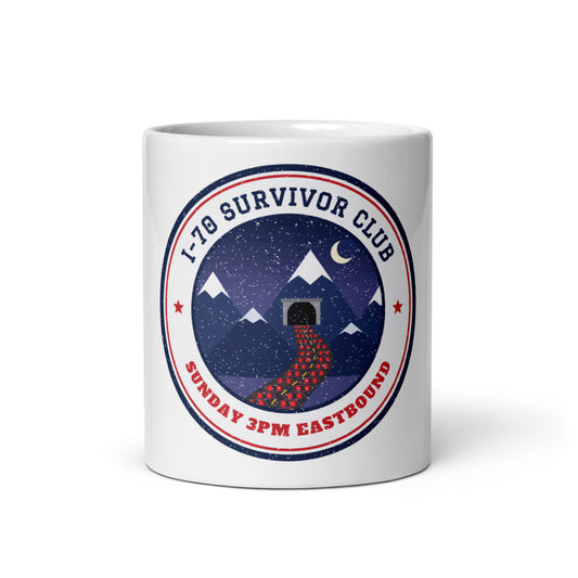 I-70 Survivor Club Mug, white ceramic, front view