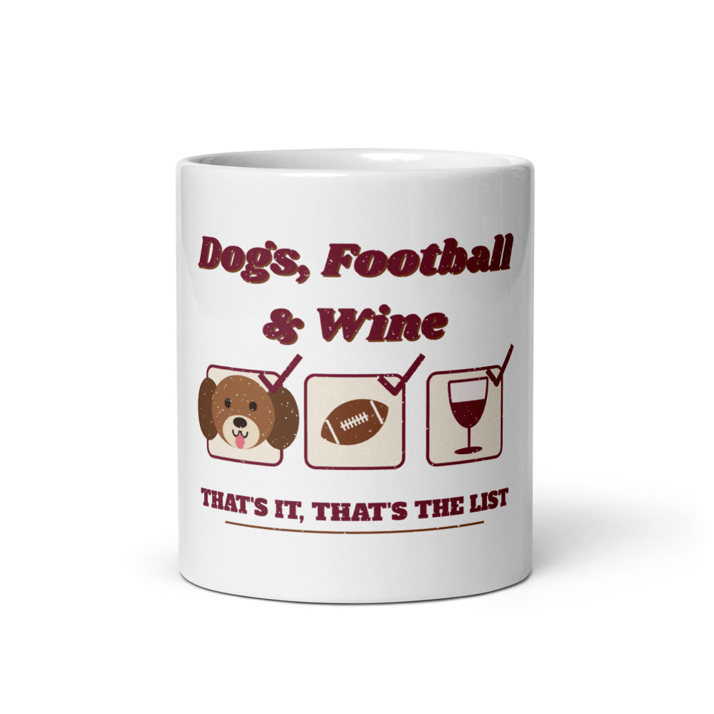 Dog Mom Football & Wine List Mug, white ceramic, front view