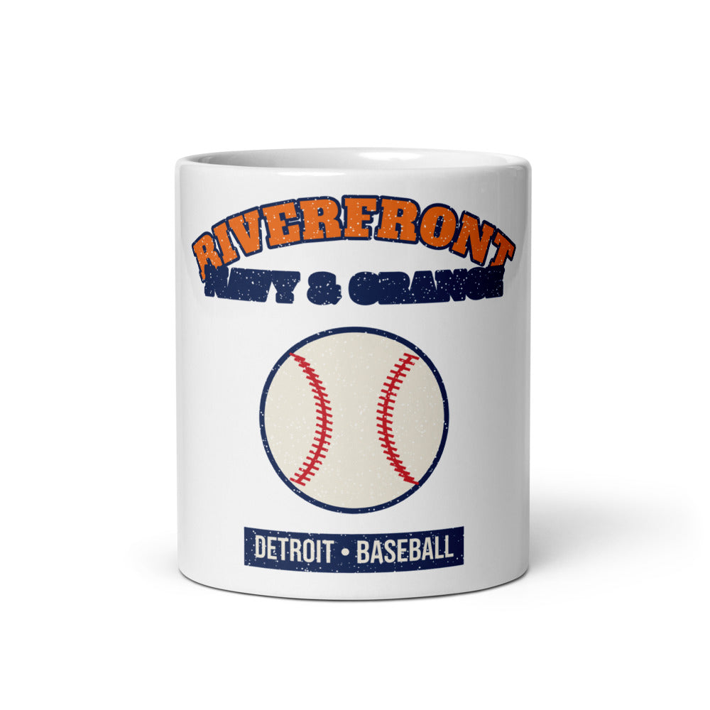 Riverfront Navy & Orange Baseball Mug in white, front