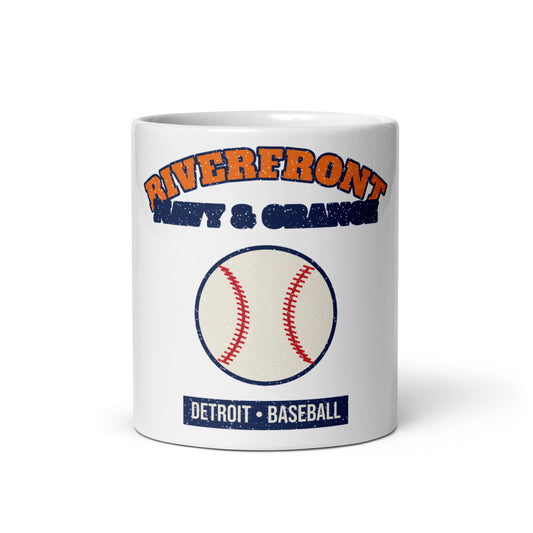 Riverfront Navy & Orange Baseball Mug in white, front