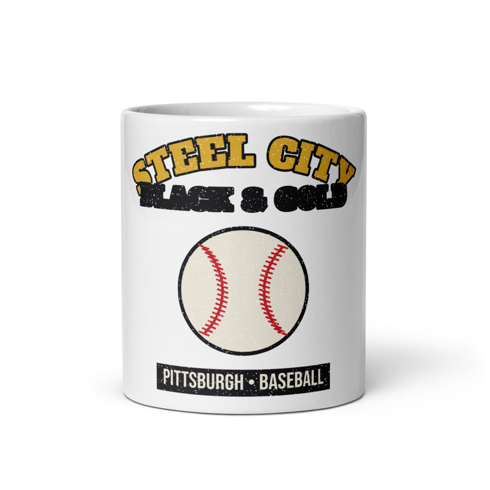 Steel City Black & Gold Baseball Mug in white, front