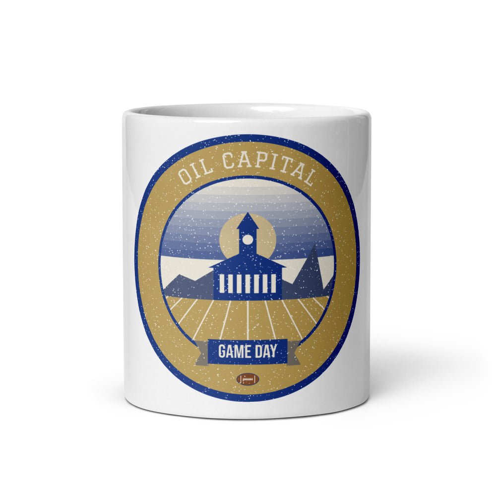 Art Deco Gold & Blue Game Day Mug in white, front