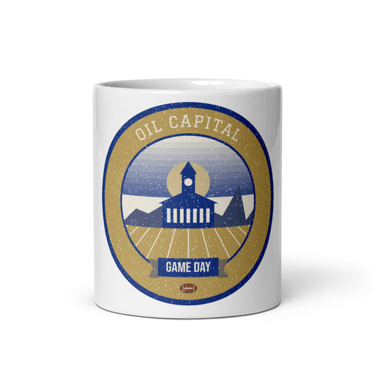 Art Deco Gold & Blue Game Day Mug in white, front