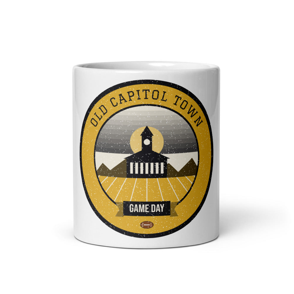Black & Gold Old Capitol Game Day Mug in white, front