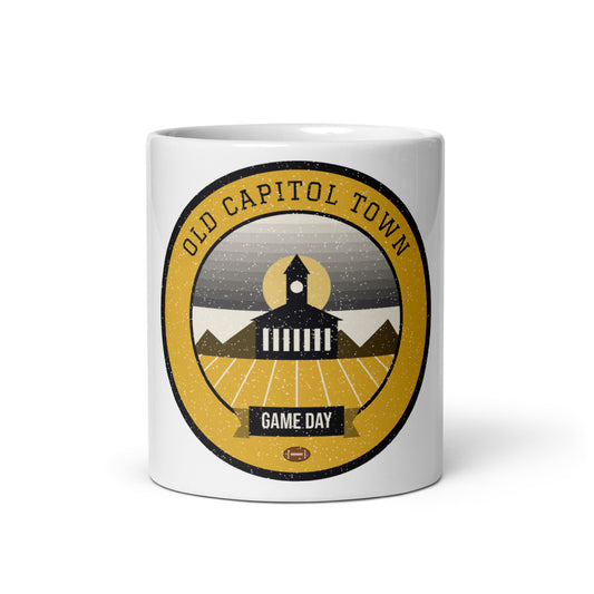 Black & Gold Old Capitol Game Day Mug in white, front