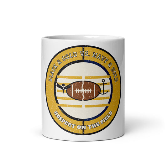 Black and Gold vs Navy and Gold Respect on the Field Football Mug in white, front