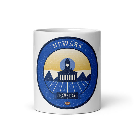 Blue & Gold Colonial Brick Game Day Mug in white, front