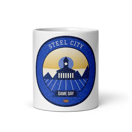 Blue & Gold Steel City Game Day Mug in white, front