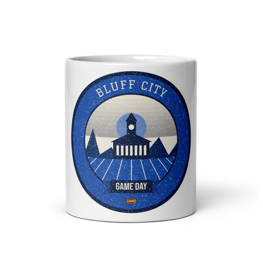 Blue & Gray Bluff City Game Day Mug in white, front