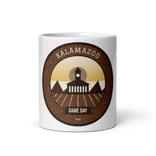 Brown & Gold Kalamazoo Game Day Mug in white, front