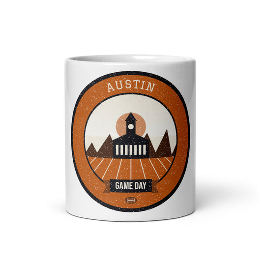 Burnt Orange Hill Country Game Day Mug in white, front