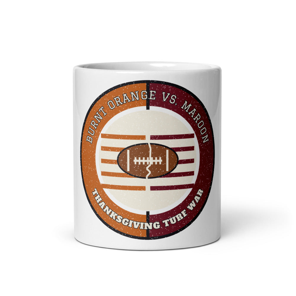 Burnt Orange vs Maroon Thanksgiving Turf War Football Mug in white, front