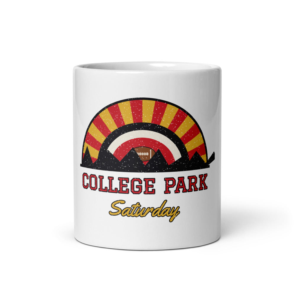 College Park Saturday Mug in white, front