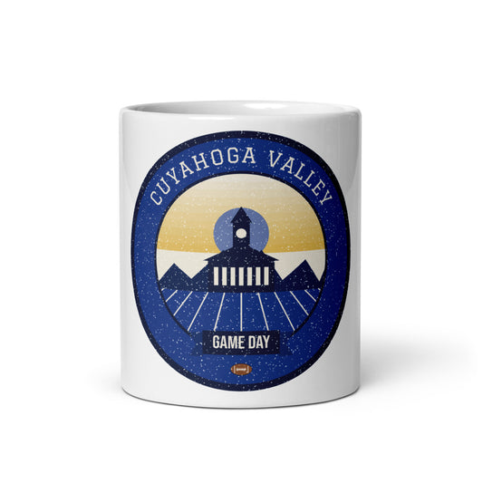 Deep Blue & Gold Valley Falls Game Day Mug in white, front