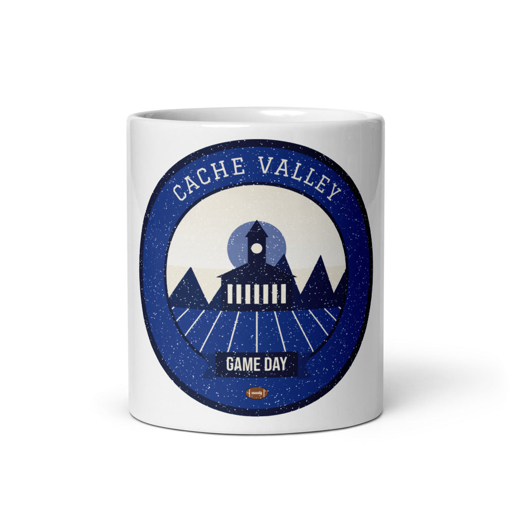 Deep Blue Cache Valley Game Day Mug in white, front