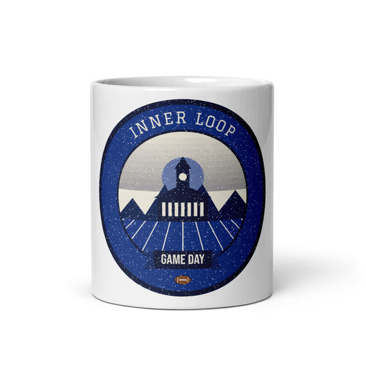Deep Blue Inner Loop Game Day Mug in white, front